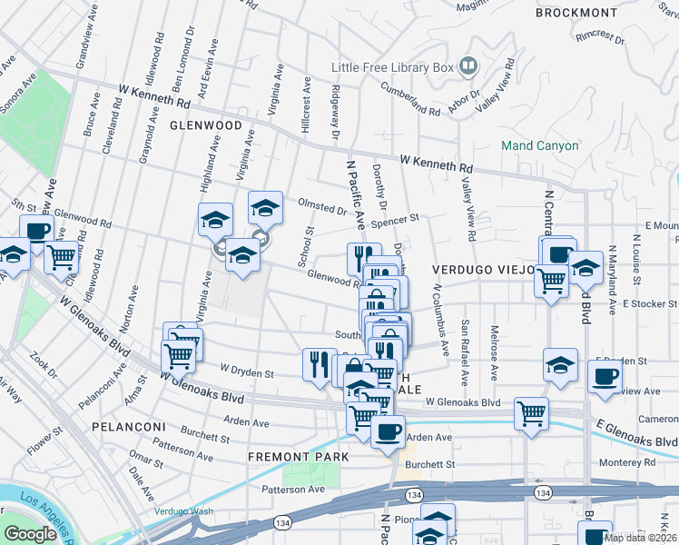 map of restaurants, bars, coffee shops, grocery stores, and more near 546 Clement Drive in Glendale