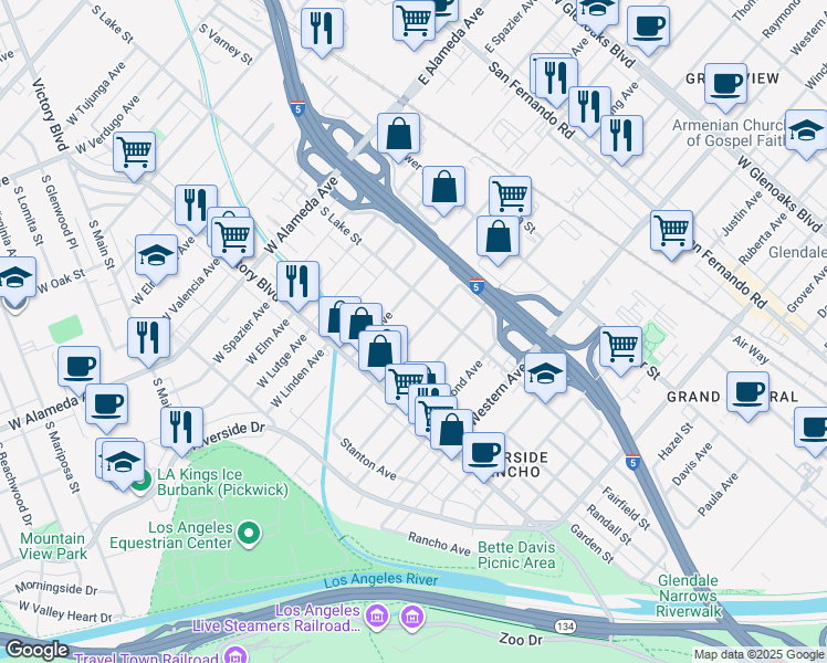map of restaurants, bars, coffee shops, grocery stores, and more near 418 Allen Avenue in Glendale