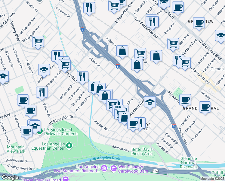 map of restaurants, bars, coffee shops, grocery stores, and more near 418 Allen Avenue in Glendale
