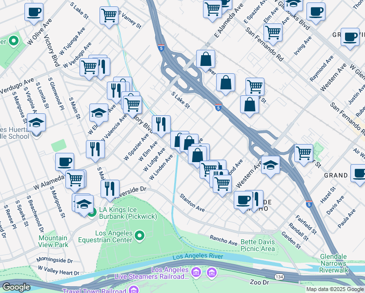 map of restaurants, bars, coffee shops, grocery stores, and more near 246 West Linden Avenue in Burbank