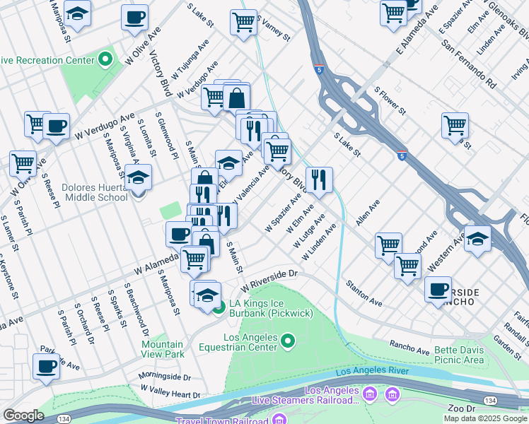 map of restaurants, bars, coffee shops, grocery stores, and more near 353 West Alameda Avenue in Burbank