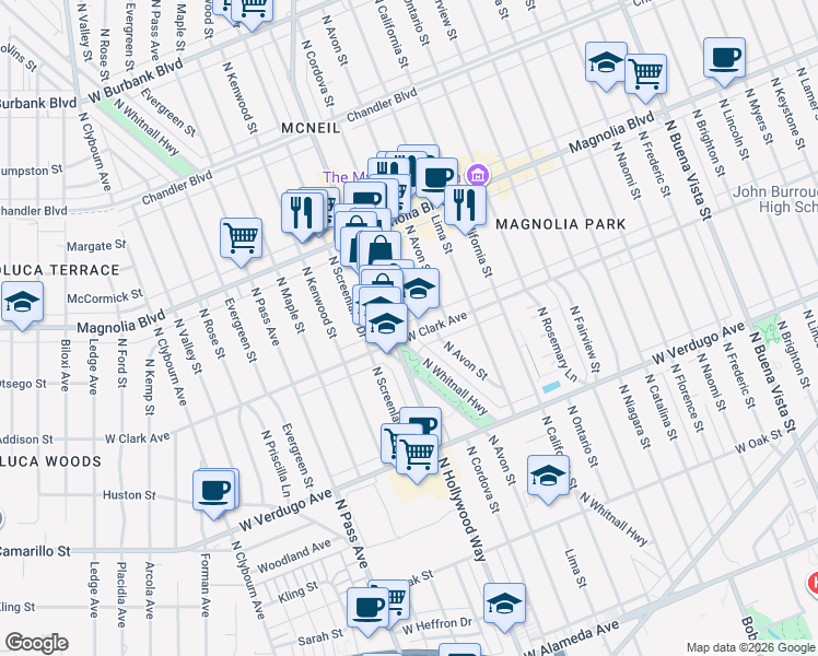 map of restaurants, bars, coffee shops, grocery stores, and more near 828 North Hollywood Way in Burbank