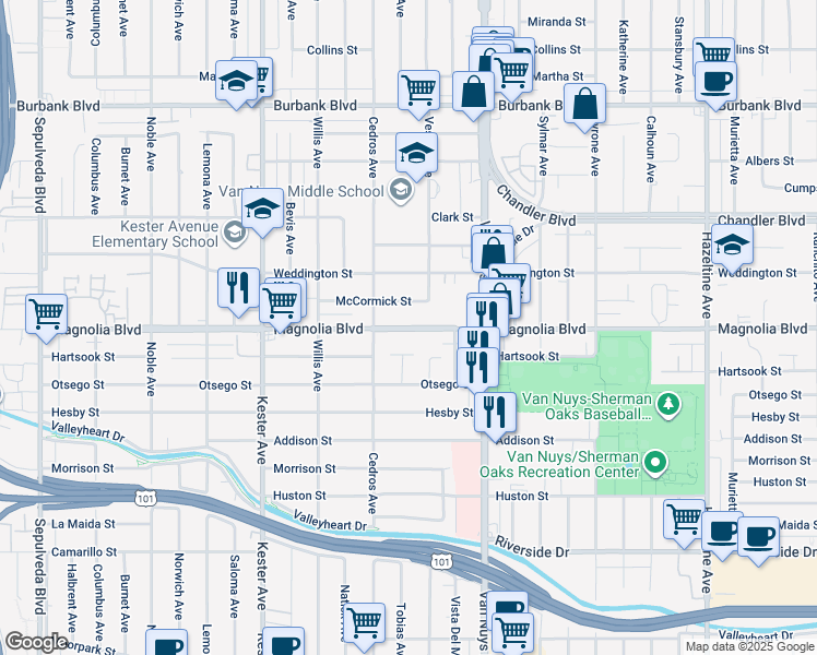 map of restaurants, bars, coffee shops, grocery stores, and more near 14628 McCormick Street in Los Angeles