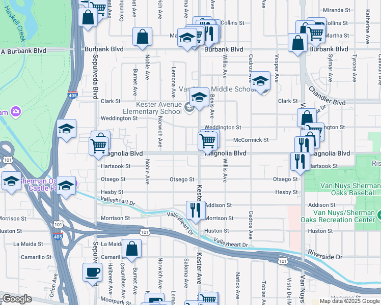 map of restaurants, bars, coffee shops, grocery stores, and more near 5222 Saloma Avenue in Los Angeles