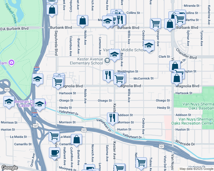 map of restaurants, bars, coffee shops, grocery stores, and more near 5222 Saloma Avenue in Los Angeles