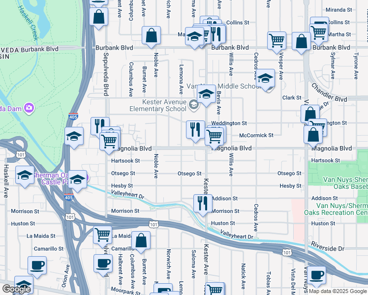 map of restaurants, bars, coffee shops, grocery stores, and more near 5220 Lemona Avenue in Los Angeles