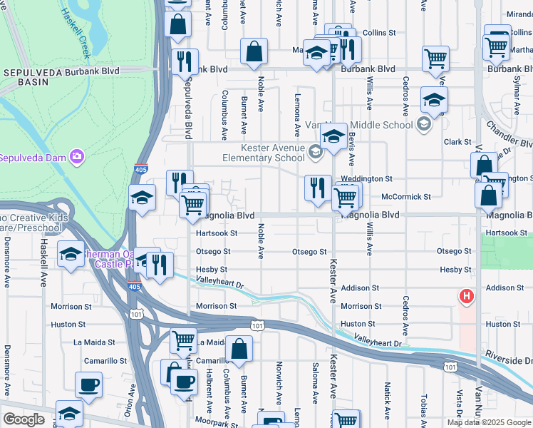 map of restaurants, bars, coffee shops, grocery stores, and more near 5219 Norwich Avenue in Los Angeles
