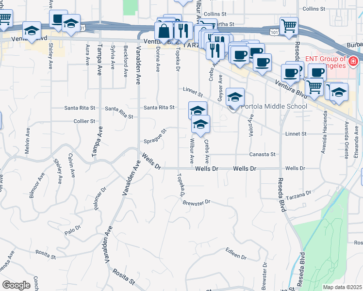 map of restaurants, bars, coffee shops, grocery stores, and more near 5236 Topeka Drive in Los Angeles