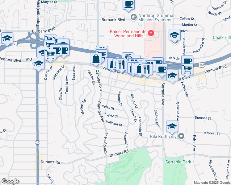 map of restaurants, bars, coffee shops, grocery stores, and more near 21211 Avenue San Luis in Los Angeles