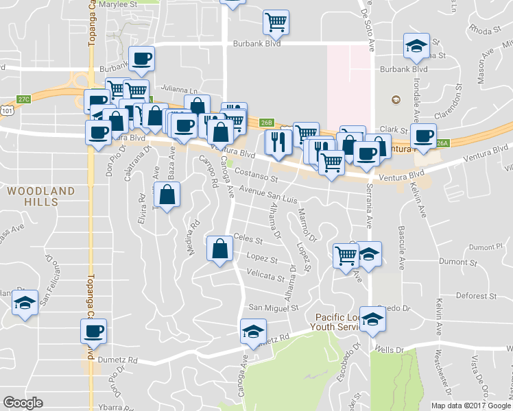 map of restaurants, bars, coffee shops, grocery stores, and more near in Los Angeles