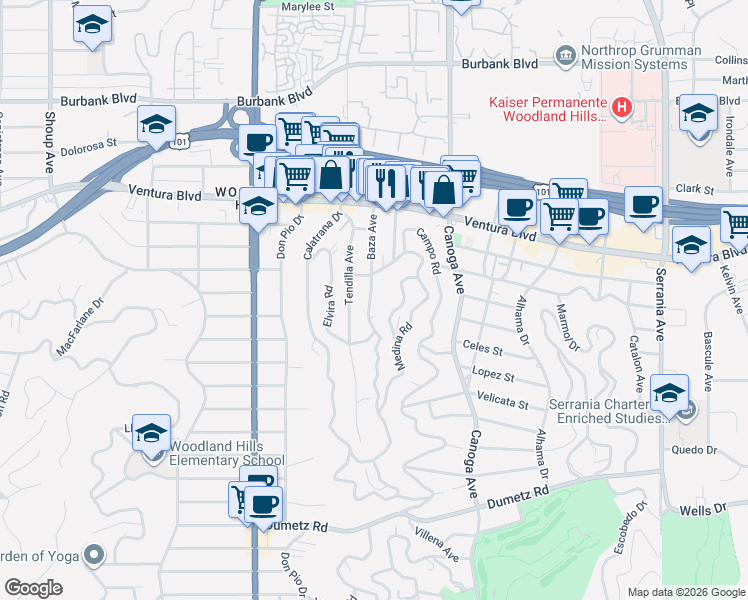 map of restaurants, bars, coffee shops, grocery stores, and more near 5262 Baza Avenue in Los Angeles