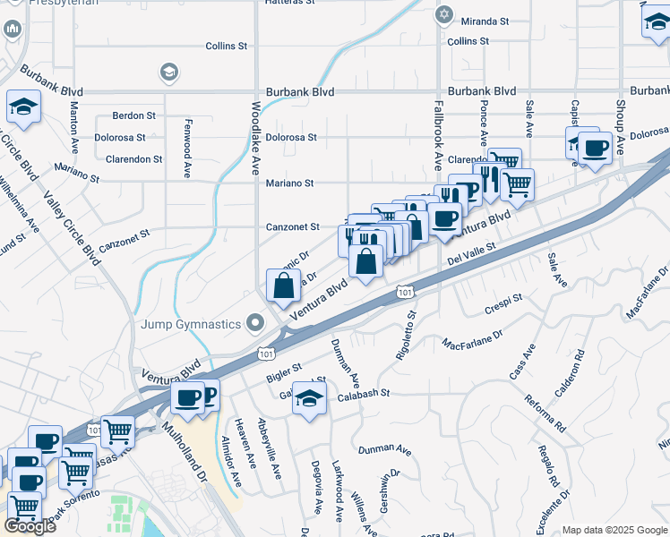 map of restaurants, bars, coffee shops, grocery stores, and more near 23048 Ostronic Drive in Los Angeles