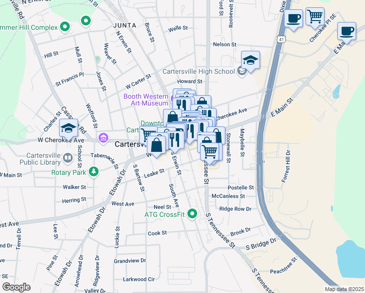 map of restaurants, bars, coffee shops, grocery stores, and more near 26 North Wall Street in Cartersville