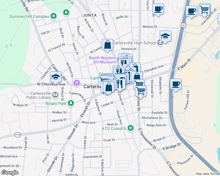 map of restaurants, bars, coffee shops, grocery stores, and more near 114 West Cherokee Avenue in Cartersville