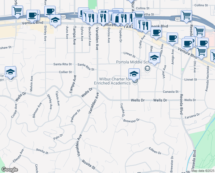 map of restaurants, bars, coffee shops, grocery stores, and more near 19074 Sprague Street in Los Angeles