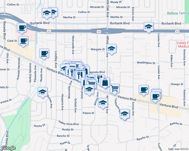 map of restaurants, bars, coffee shops, grocery stores, and more near 5167 Yarmouth Avenue in Los Angeles