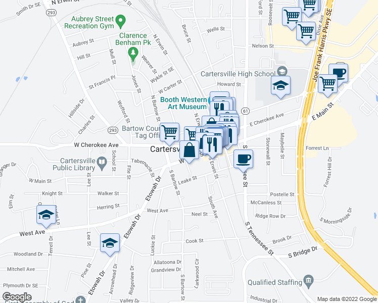map of restaurants, bars, coffee shops, grocery stores, and more near 114 West Cherokee Avenue in Cartersville