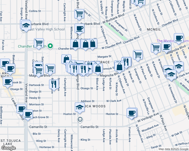 map of restaurants, bars, coffee shops, grocery stores, and more near 10455 Magnolia Blvd in Los Angeles