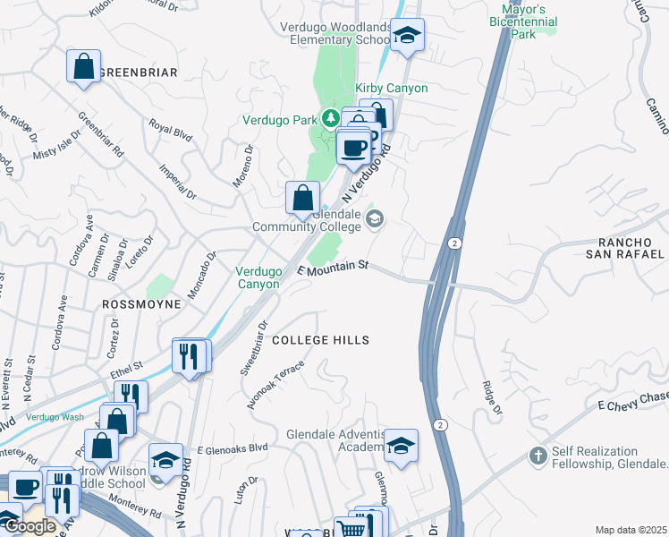 map of restaurants, bars, coffee shops, grocery stores, and more near 1700 East Mountain Street in Glendale