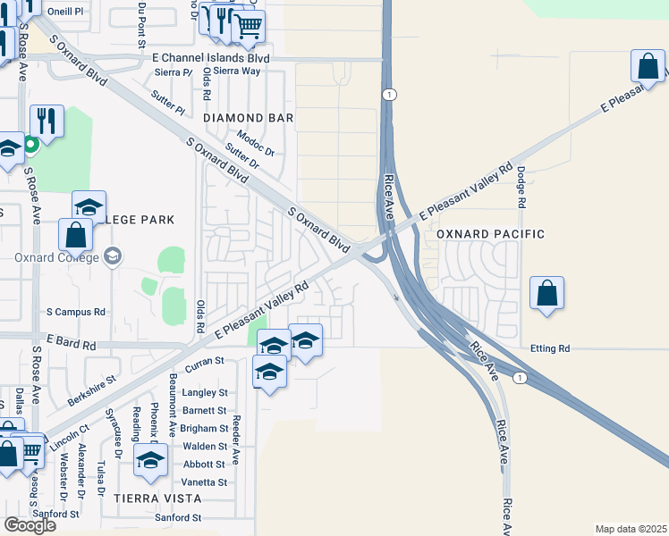 map of restaurants, bars, coffee shops, grocery stores, and more near E Pleasant Valley Rd & Butler Rd in Oxnard