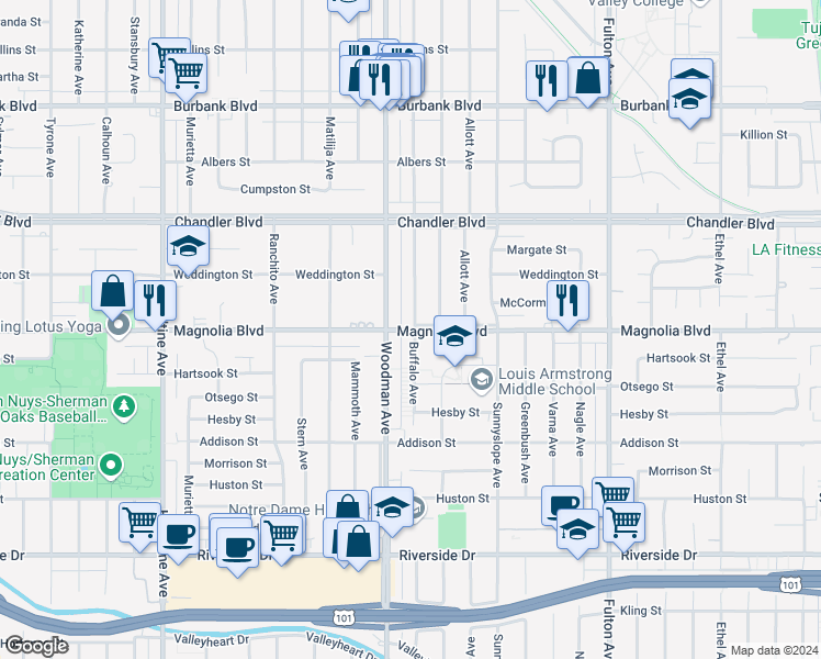 map of restaurants, bars, coffee shops, grocery stores, and more near 13659 West Magnolia Boulevard in Los Angeles