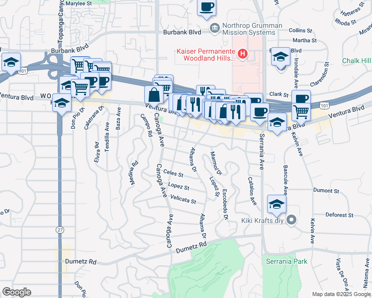 map of restaurants, bars, coffee shops, grocery stores, and more near 21211 Avenue San Luis in Los Angeles