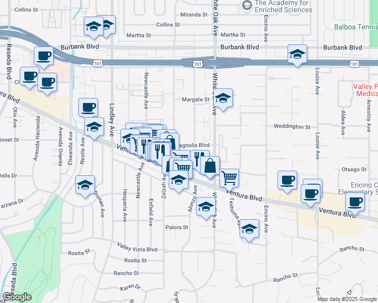 map of restaurants, bars, coffee shops, grocery stores, and more near 5167 Yarmouth Avenue in Los Angeles