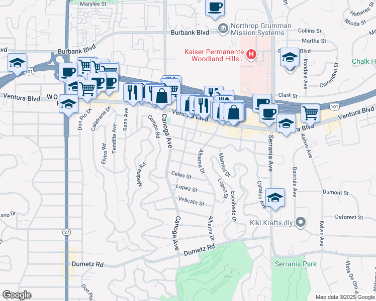 map of restaurants, bars, coffee shops, grocery stores, and more near 21229 De La Guerra Street in Los Angeles