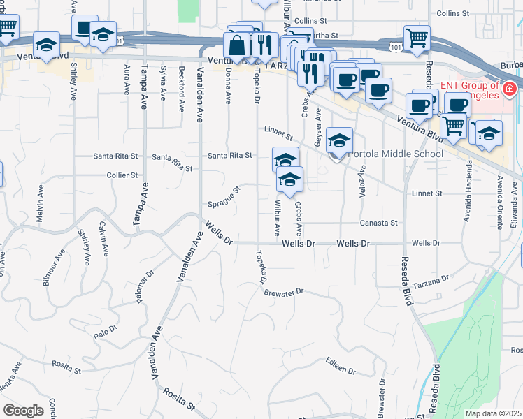 map of restaurants, bars, coffee shops, grocery stores, and more near 5206 Topeka Drive in Los Angeles