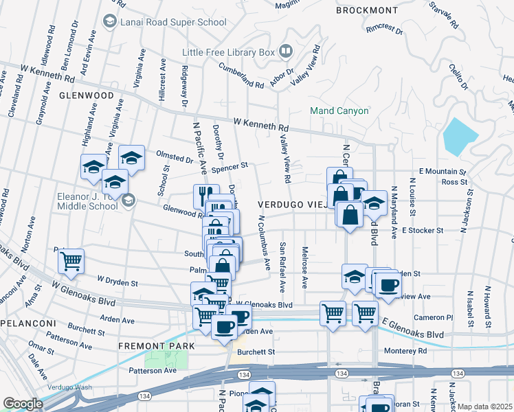 map of restaurants, bars, coffee shops, grocery stores, and more near 1305 North Columbus Avenue in Glendale