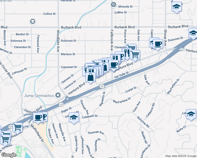 map of restaurants, bars, coffee shops, grocery stores, and more near 22919 Ventura Boulevard in Los Angeles
