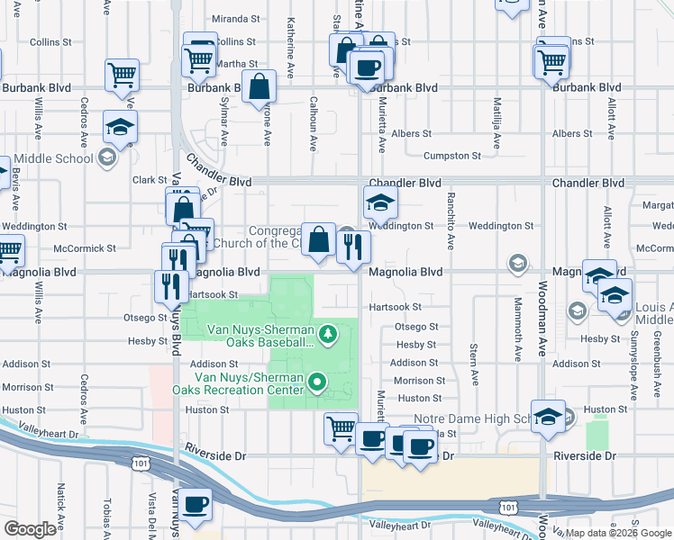 map of restaurants, bars, coffee shops, grocery stores, and more near 14155 West Magnolia Boulevard in Los Angeles
