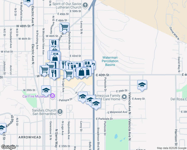 map of restaurants, bars, coffee shops, grocery stores, and more near N Waterman Ave & E 40th St in San Bernardino