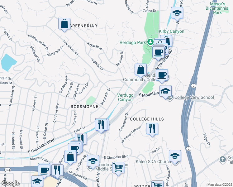 map of restaurants, bars, coffee shops, grocery stores, and more near 1102 La Zanja Drive in Glendale
