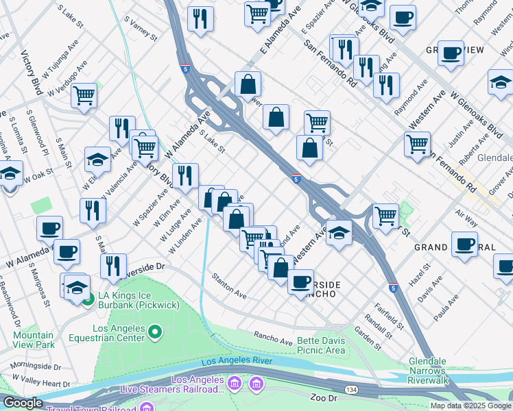 map of restaurants, bars, coffee shops, grocery stores, and more near 418 Allen Avenue in Glendale