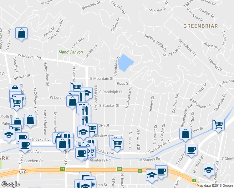 map of restaurants, bars, coffee shops, grocery stores, and more near 404 E Randolph St in Glendale