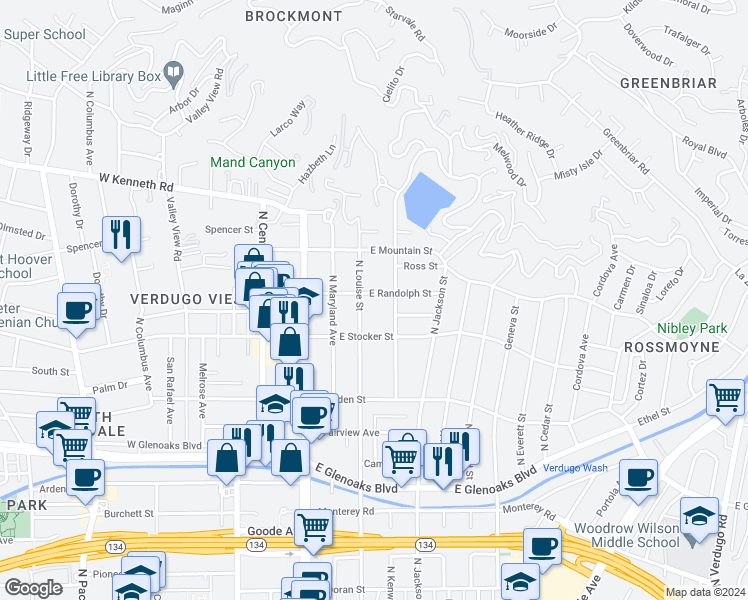 map of restaurants, bars, coffee shops, grocery stores, and more near 314 East Randolph Street in Glendale