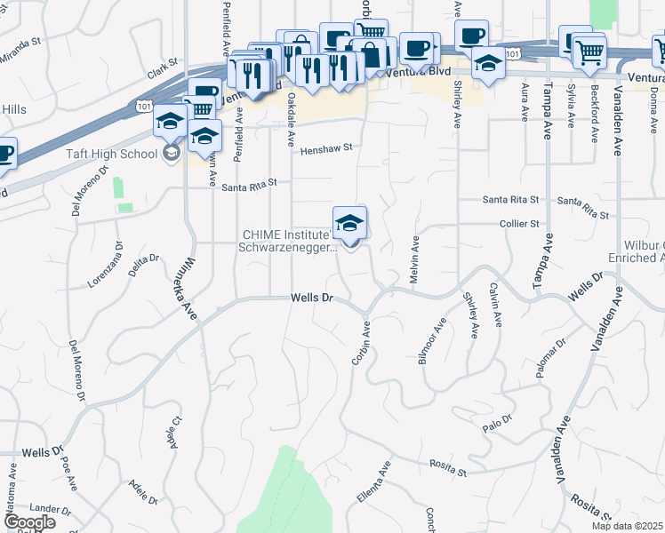 map of restaurants, bars, coffee shops, grocery stores, and more near 19753 Jeffrey Place in Los Angeles