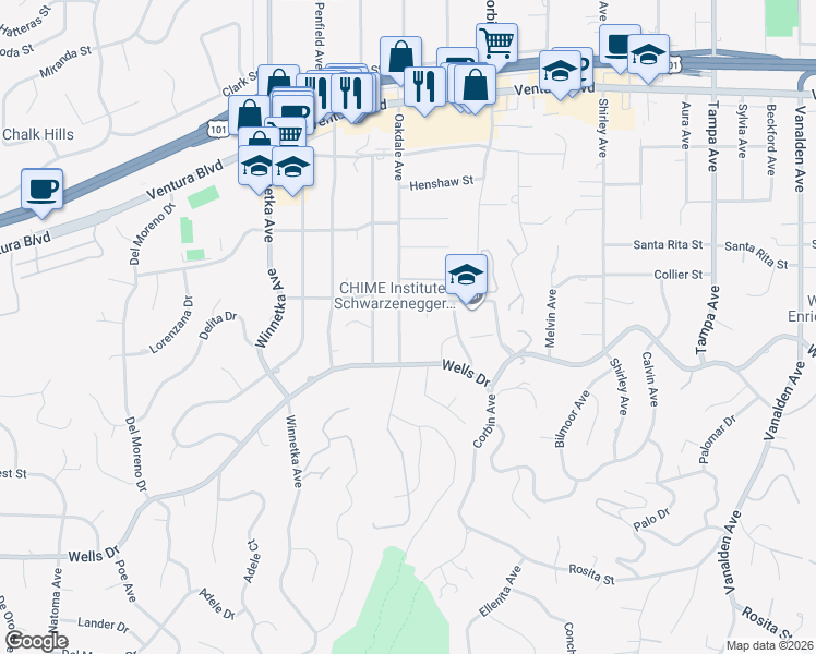 map of restaurants, bars, coffee shops, grocery stores, and more near 5200 Oakdale Avenue in Los Angeles