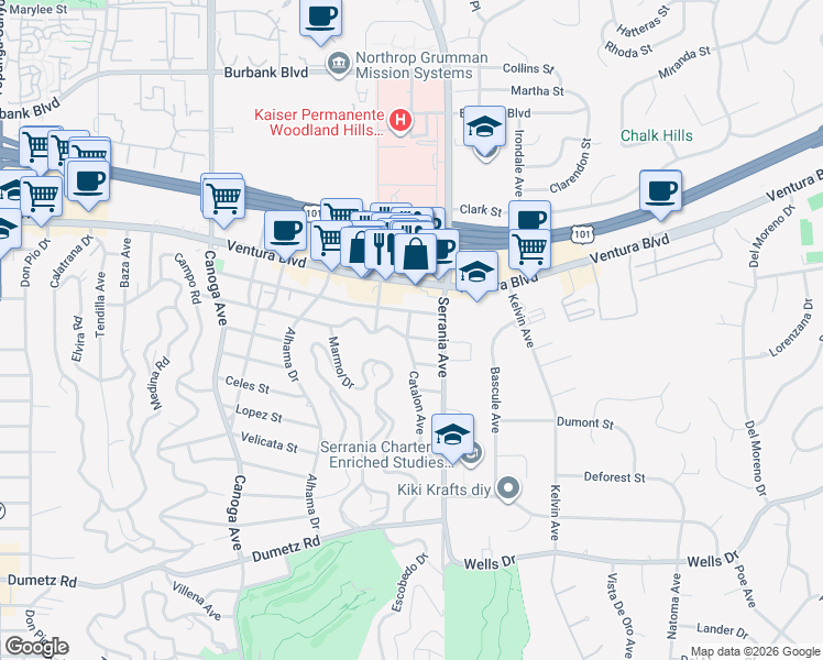 map of restaurants, bars, coffee shops, grocery stores, and more near 20935 Avenue San Luis in Los Angeles