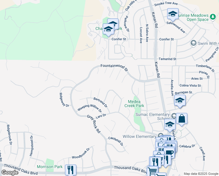 map of restaurants, bars, coffee shops, grocery stores, and more near 6165 Heritage Drive in Agoura Hills