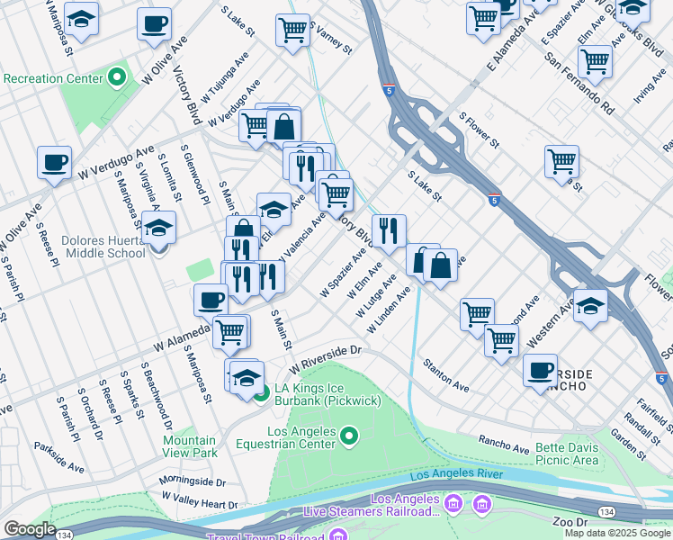 map of restaurants, bars, coffee shops, grocery stores, and more near 327 West Spazier Avenue in Burbank