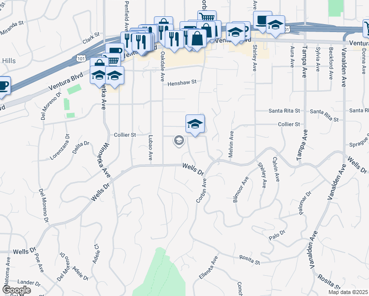 map of restaurants, bars, coffee shops, grocery stores, and more near 19753 Jeffrey Place in Los Angeles