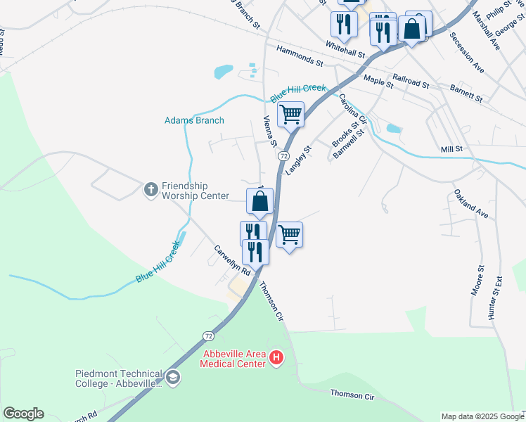map of restaurants, bars, coffee shops, grocery stores, and more near 100 Sawmill Acres in Abbeville