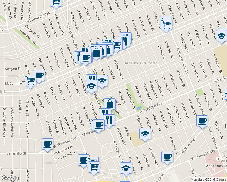 map of restaurants, bars, coffee shops, grocery stores, and more near 3416 West Clark Avenue in Burbank