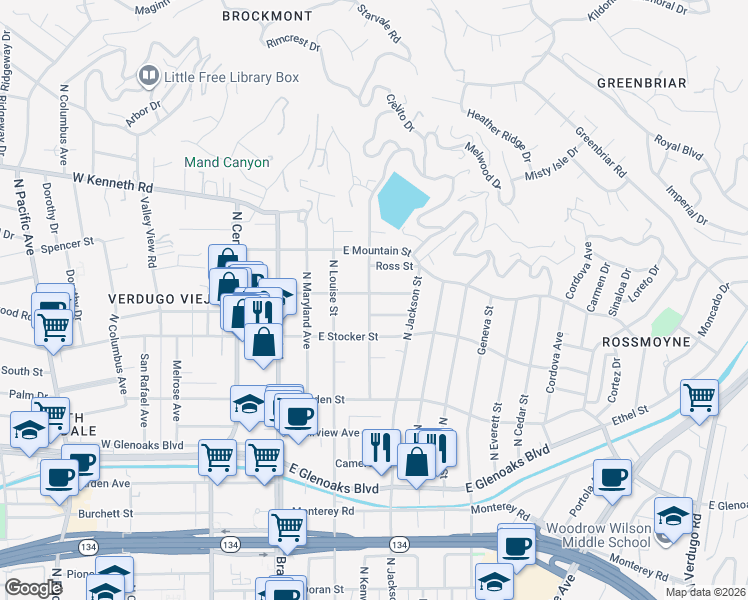 map of restaurants, bars, coffee shops, grocery stores, and more near 404 East Randolph Street in Glendale