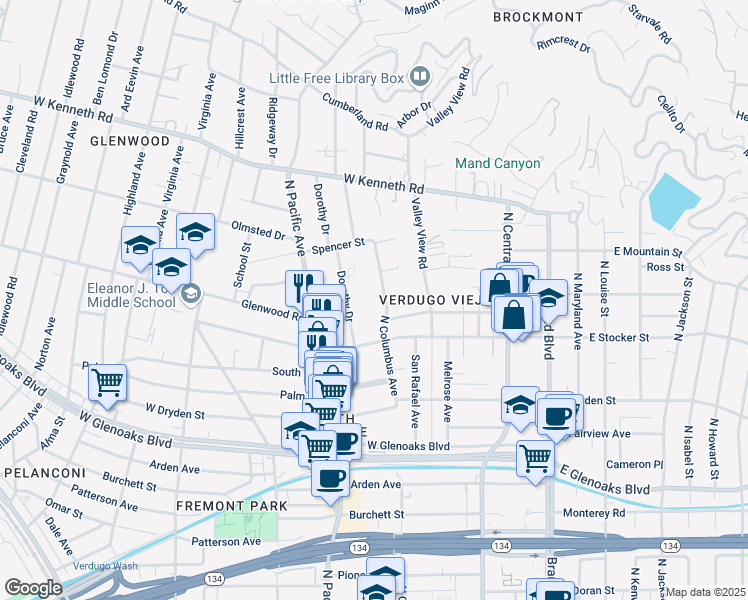 map of restaurants, bars, coffee shops, grocery stores, and more near 1305 North Columbus Avenue in Glendale