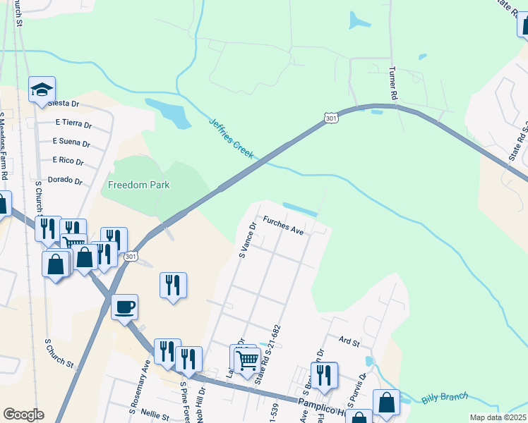 map of restaurants, bars, coffee shops, grocery stores, and more near 2102 South Vance Drive in Florence