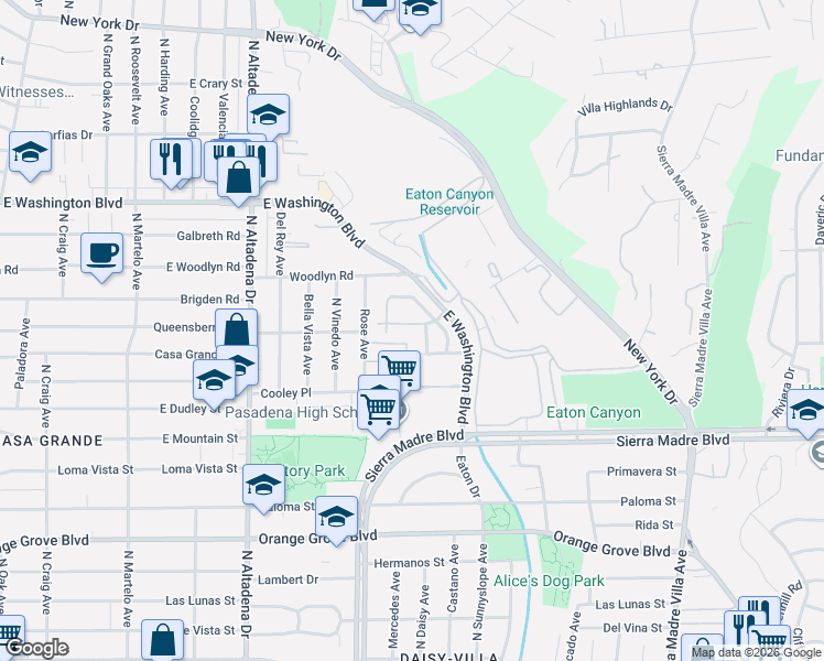 map of restaurants, bars, coffee shops, grocery stores, and more near 2807 Heritage Drive in Pasadena