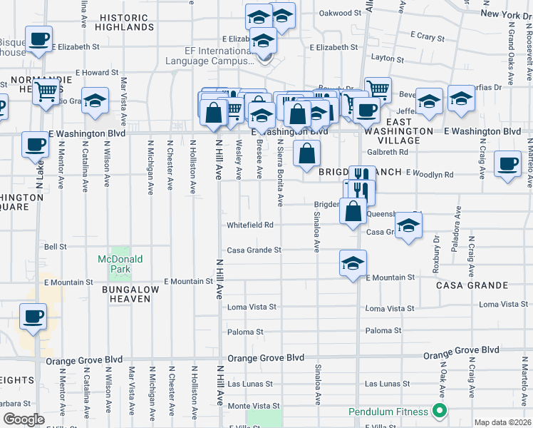 map of restaurants, bars, coffee shops, grocery stores, and more near 1120 Bresee Avenue in Pasadena
